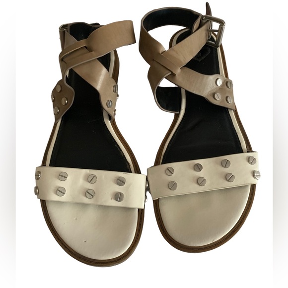 MADELINE Taupe Tan & White Silver Design Hardware Strappy Women’s Sandals Shoes - Picture 3 of 11